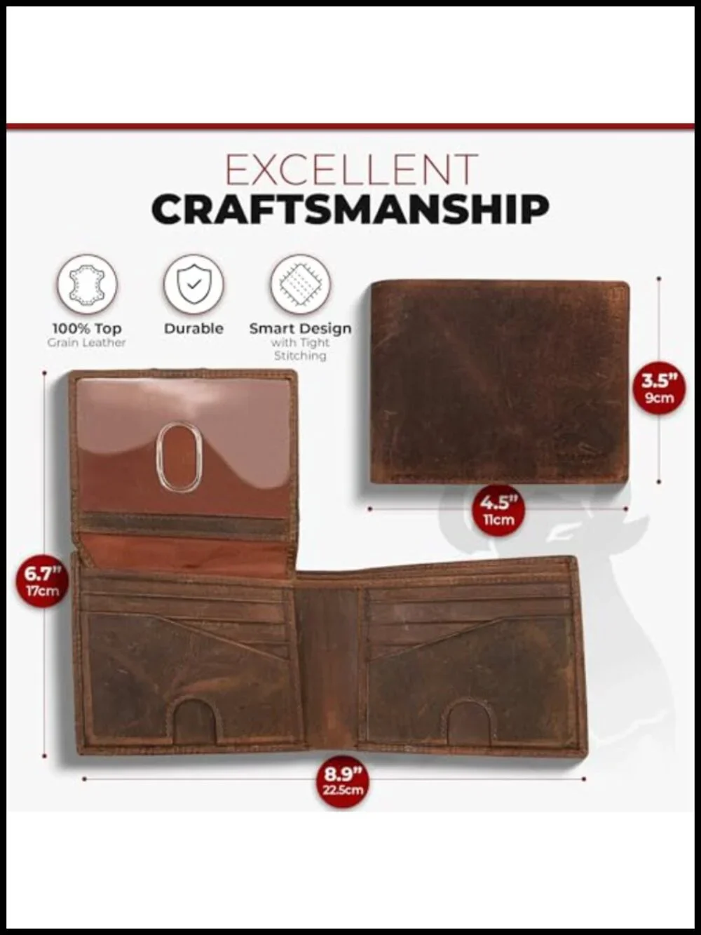 RFID Blocking Bifold Genuine Cow Leather Wallet with Flip Up ID
